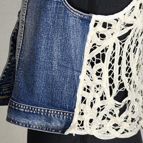 Indigo Thread Denim Button Front Cream Crochet Back Cotton Poly Span Vest Size S - Picture 9 of 16